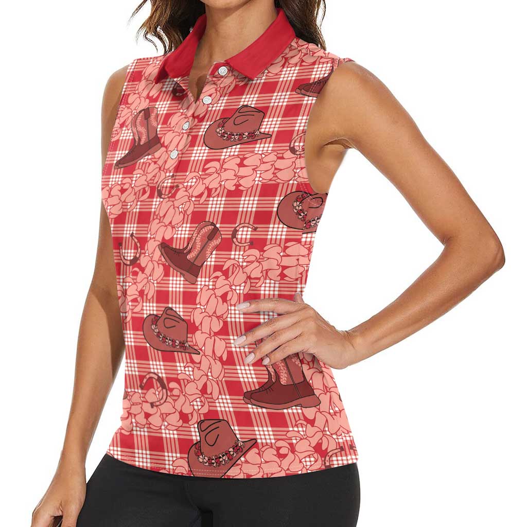 Red Palaka Hawaii Cowboy Women Sleeveless Polo Shirt Puakenikeni Lei Paniolo Papale Seamless Vibes LT14 - Polynesian Pride