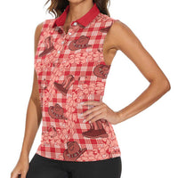 Red Palaka Hawaii Cowboy Women Sleeveless Polo Shirt Puakenikeni Lei Paniolo Papale Seamless Vibes LT14 - Polynesian Pride