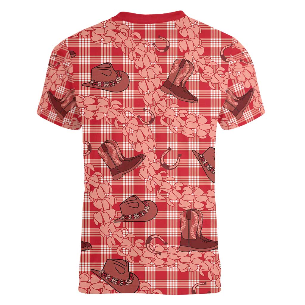 Red Palaka Hawaii Cowboy Women V-Neck T-Shirt Puakenikeni Lei Paniolo Papale Seamless Vibes LT14 - Polynesian Pride