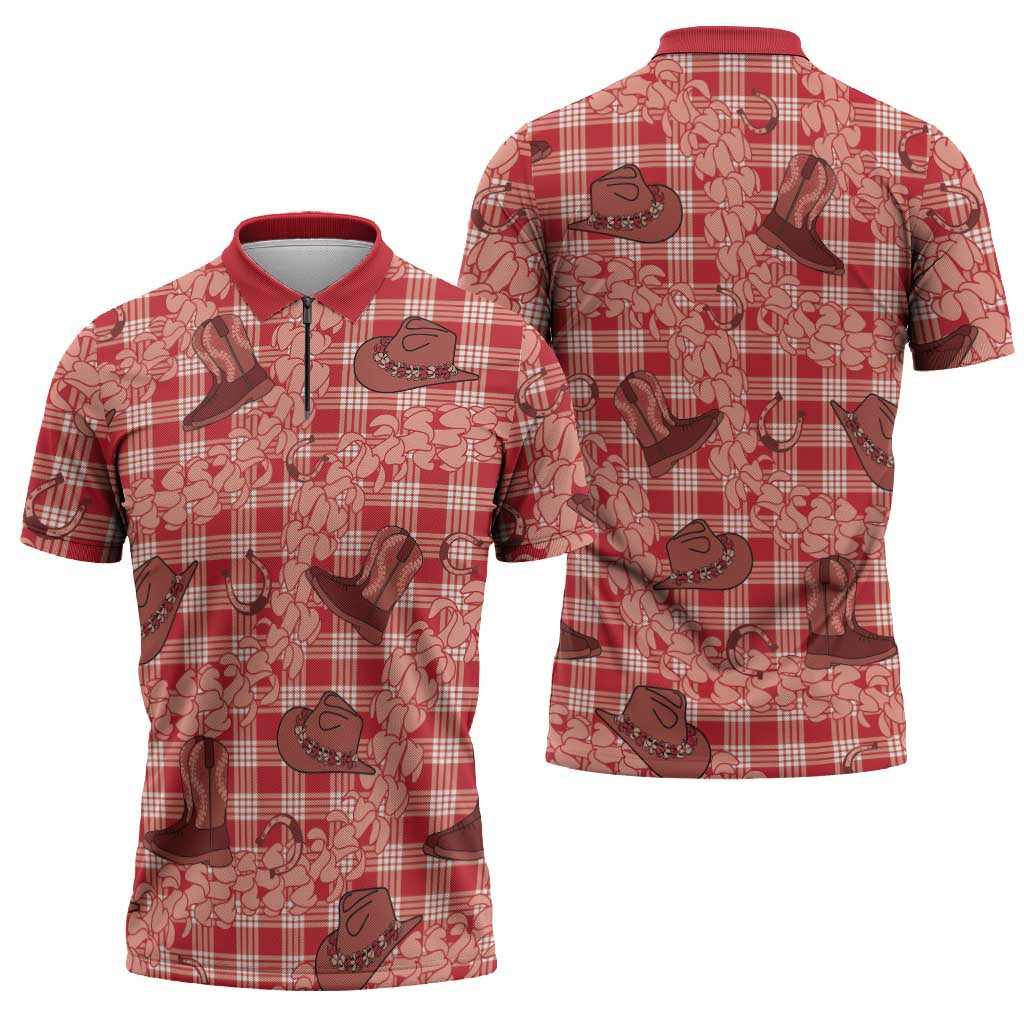 Red Palaka Hawaii Cowboy Zipper Polo Shirt Puakenikeni Lei Paniolo Papale Seamless Vibes LT14 - Polynesian Pride