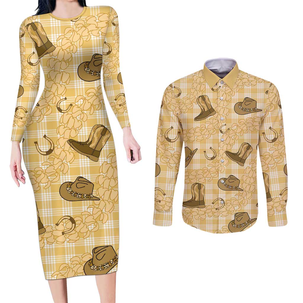 Yellow Palaka Hawaii Cowboy Couples Matching Long Sleeve Bodycon Dress and Long Sleeve Button Shirt Puakenikeni Lei Paniolo Papale Seamless Vibes LT14 Yellow - Polynesian Pride