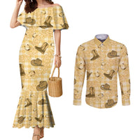 Yellow Palaka Hawaii Cowboy Couples Matching Mermaid Dress and Long Sleeve Button Shirt Puakenikeni Lei Paniolo Papale Seamless Vibes LT14 Yellow - Polynesian Pride