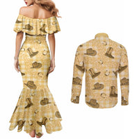 Yellow Palaka Hawaii Cowboy Couples Matching Mermaid Dress and Long Sleeve Button Shirt Puakenikeni Lei Paniolo Papale Seamless Vibes LT14 - Polynesian Pride