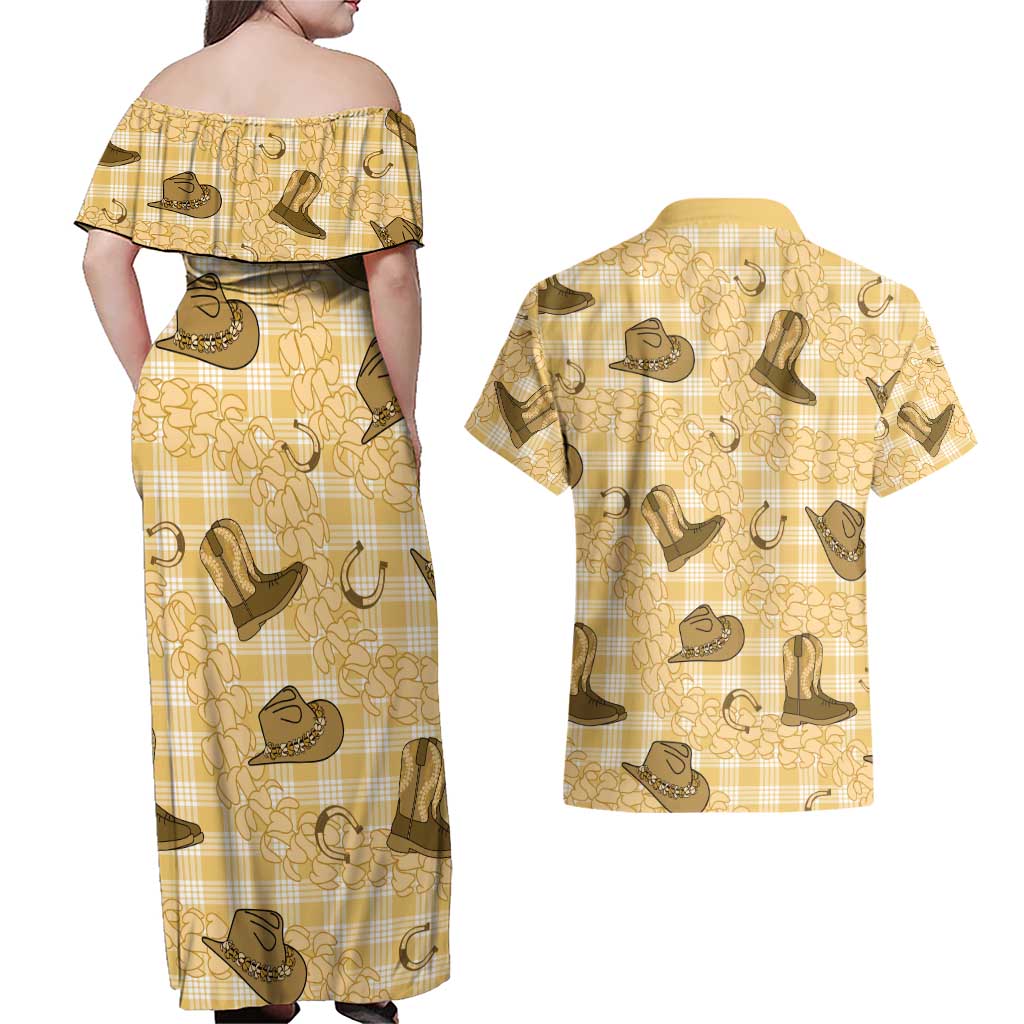 Yellow Palaka Hawaii Cowboy Couples Matching Off Shoulder Maxi Dress and Hawaiian Shirt Puakenikeni Lei Paniolo Papale Seamless Vibes LT14 - Polynesian Pride