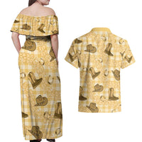 Yellow Palaka Hawaii Cowboy Couples Matching Off Shoulder Maxi Dress and Hawaiian Shirt Puakenikeni Lei Paniolo Papale Seamless Vibes LT14 - Polynesian Pride