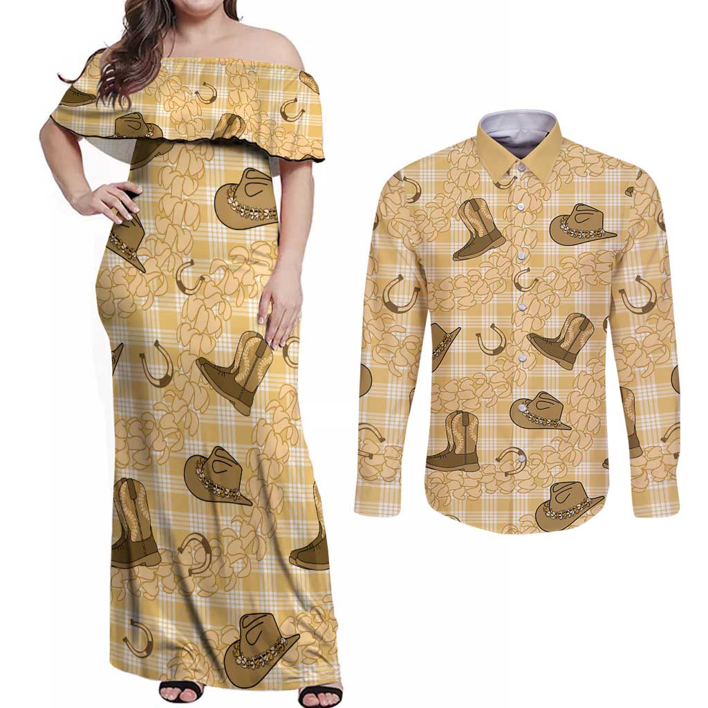 Yellow Palaka Hawaii Cowboy Couples Matching Off Shoulder Maxi Dress and Long Sleeve Button Shirt Puakenikeni Lei Paniolo Papale Seamless Vibes LT14 Yellow - Polynesian Pride