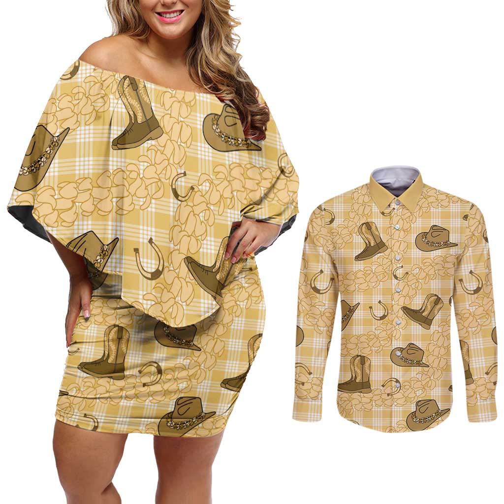 Yellow Palaka Hawaii Cowboy Couples Matching Off Shoulder Short Dress and Long Sleeve Button Shirt Puakenikeni Lei Paniolo Papale Seamless Vibes LT14 Yellow - Polynesian Pride