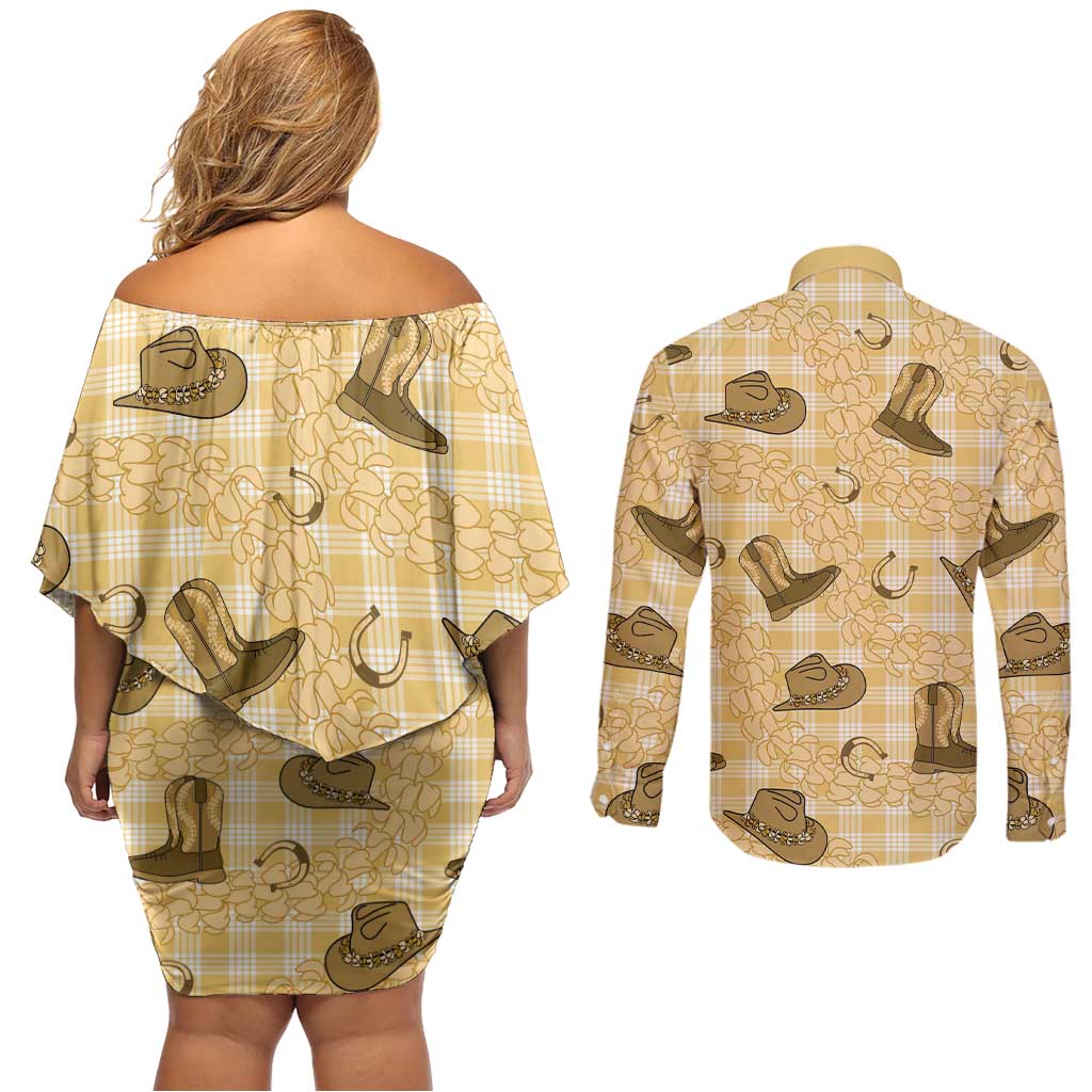 Yellow Palaka Hawaii Cowboy Couples Matching Off Shoulder Short Dress and Long Sleeve Button Shirt Puakenikeni Lei Paniolo Papale Seamless Vibes LT14 - Polynesian Pride