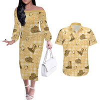 Yellow Palaka Hawaii Cowboy Couples Matching Off The Shoulder Long Sleeve Dress and Hawaiian Shirt Puakenikeni Lei Paniolo Papale Seamless Vibes LT14 Yellow - Polynesian Pride