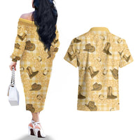 Yellow Palaka Hawaii Cowboy Couples Matching Off The Shoulder Long Sleeve Dress and Hawaiian Shirt Puakenikeni Lei Paniolo Papale Seamless Vibes LT14 - Polynesian Pride