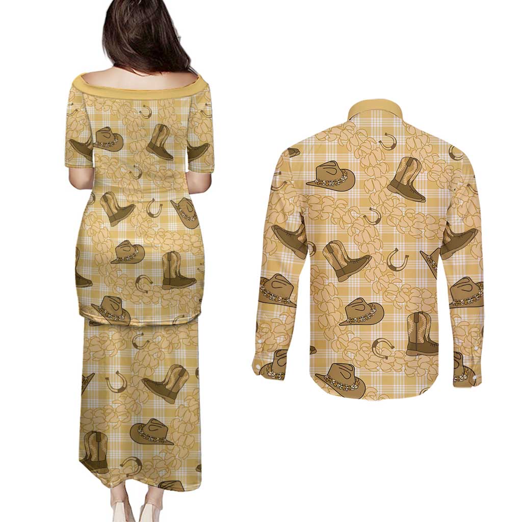 Yellow Palaka Hawaii Cowboy Couples Matching Puletasi and Long Sleeve Button Shirt Puakenikeni Lei Paniolo Papale Seamless Vibes LT14 - Polynesian Pride