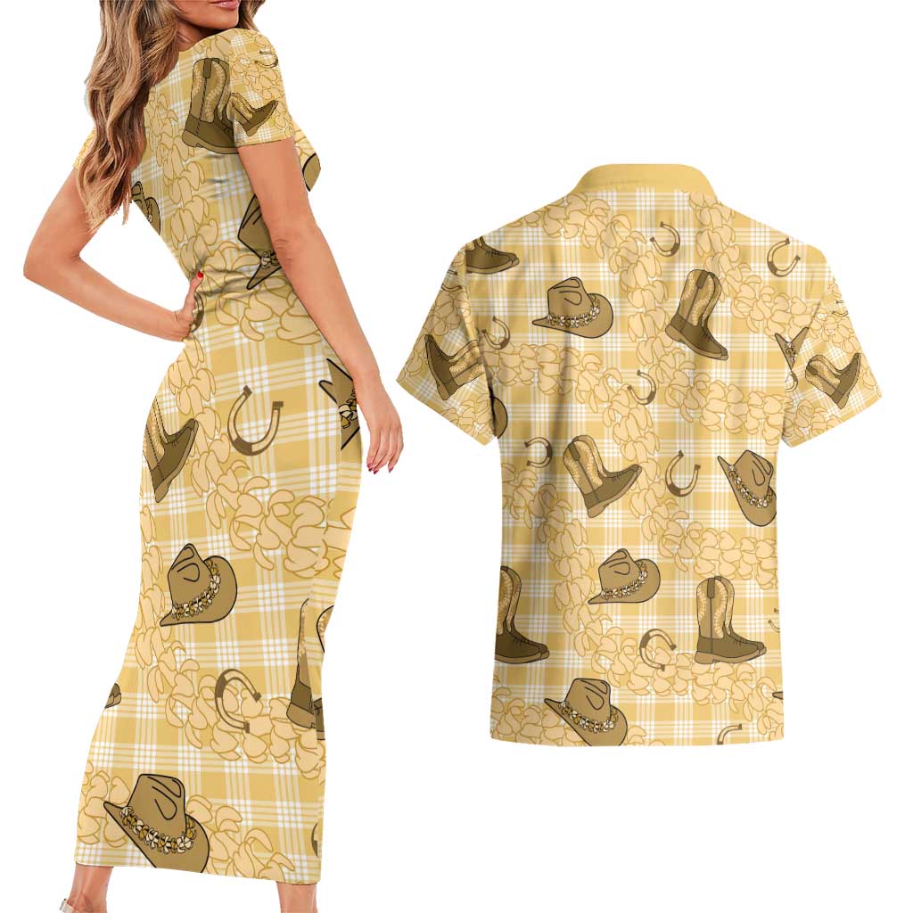 Yellow Palaka Hawaii Cowboy Couples Matching Short Sleeve Bodycon Dress and Hawaiian Shirt Puakenikeni Lei Paniolo Papale Seamless Vibes LT14 - Polynesian Pride