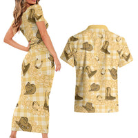 Yellow Palaka Hawaii Cowboy Couples Matching Short Sleeve Bodycon Dress and Hawaiian Shirt Puakenikeni Lei Paniolo Papale Seamless Vibes LT14 - Polynesian Pride