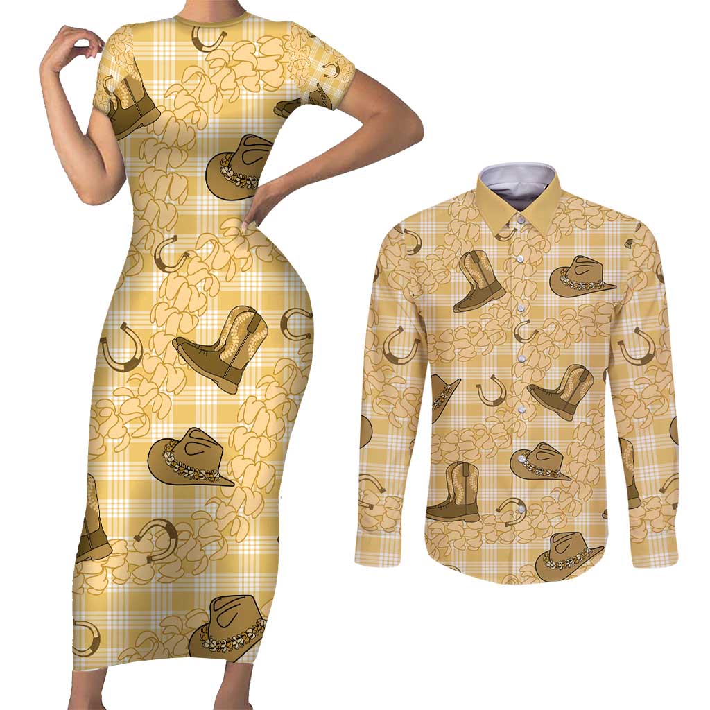 Yellow Palaka Hawaii Cowboy Couples Matching Short Sleeve Bodycon Dress and Long Sleeve Button Shirt Puakenikeni Lei Paniolo Papale Seamless Vibes LT14 Yellow - Polynesian Pride