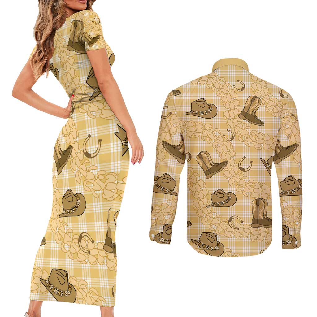 Yellow Palaka Hawaii Cowboy Couples Matching Short Sleeve Bodycon Dress and Long Sleeve Button Shirt Puakenikeni Lei Paniolo Papale Seamless Vibes LT14 - Polynesian Pride