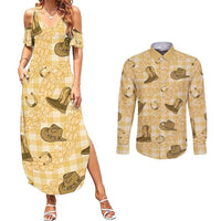 Yellow Palaka Hawaii Cowboy Couples Matching Summer Maxi Dress and Long Sleeve Button Shirt Puakenikeni Lei Paniolo Papale Seamless Vibes LT14 Yellow - Polynesian Pride