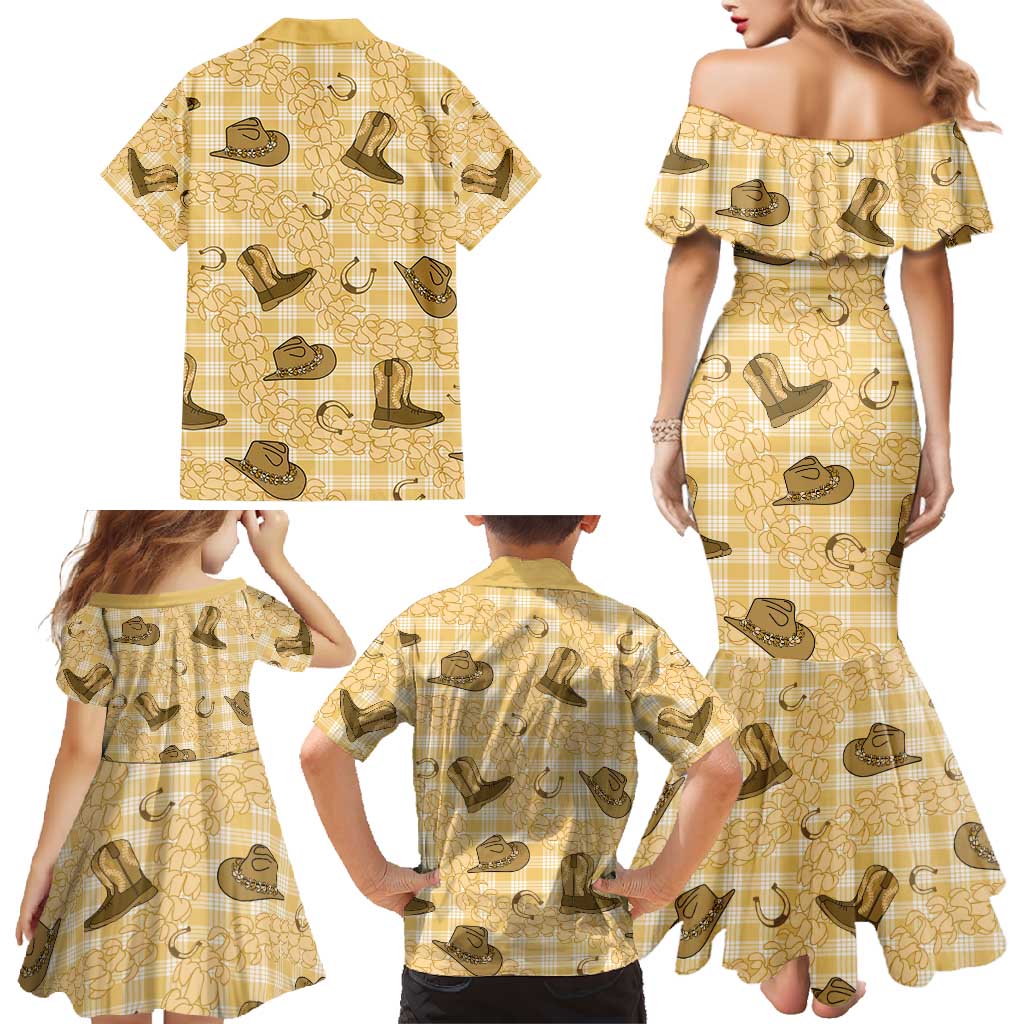 Yellow Palaka Hawaii Cowboy Family Matching Mermaid Dress and Hawaiian Shirt Puakenikeni Lei Paniolo Papale Seamless Vibes LT14 - Polynesian Pride