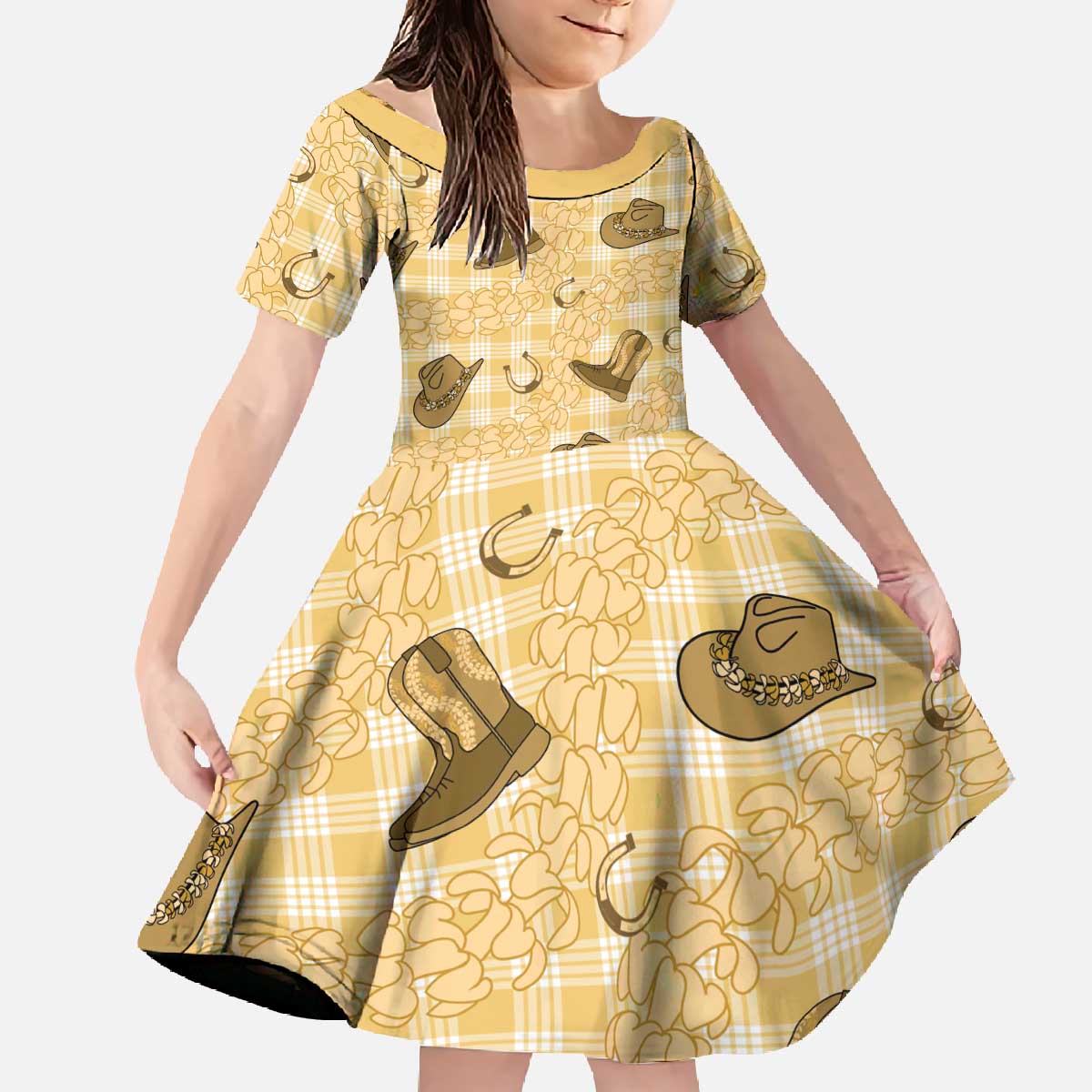 Yellow Palaka Hawaii Cowboy Family Matching Off The Shoulder Long Sleeve Dress and Hawaiian Shirt Puakenikeni Lei Paniolo Papale Seamless Vibes LT14 Daughter's Dress Yellow - Polynesian Pride