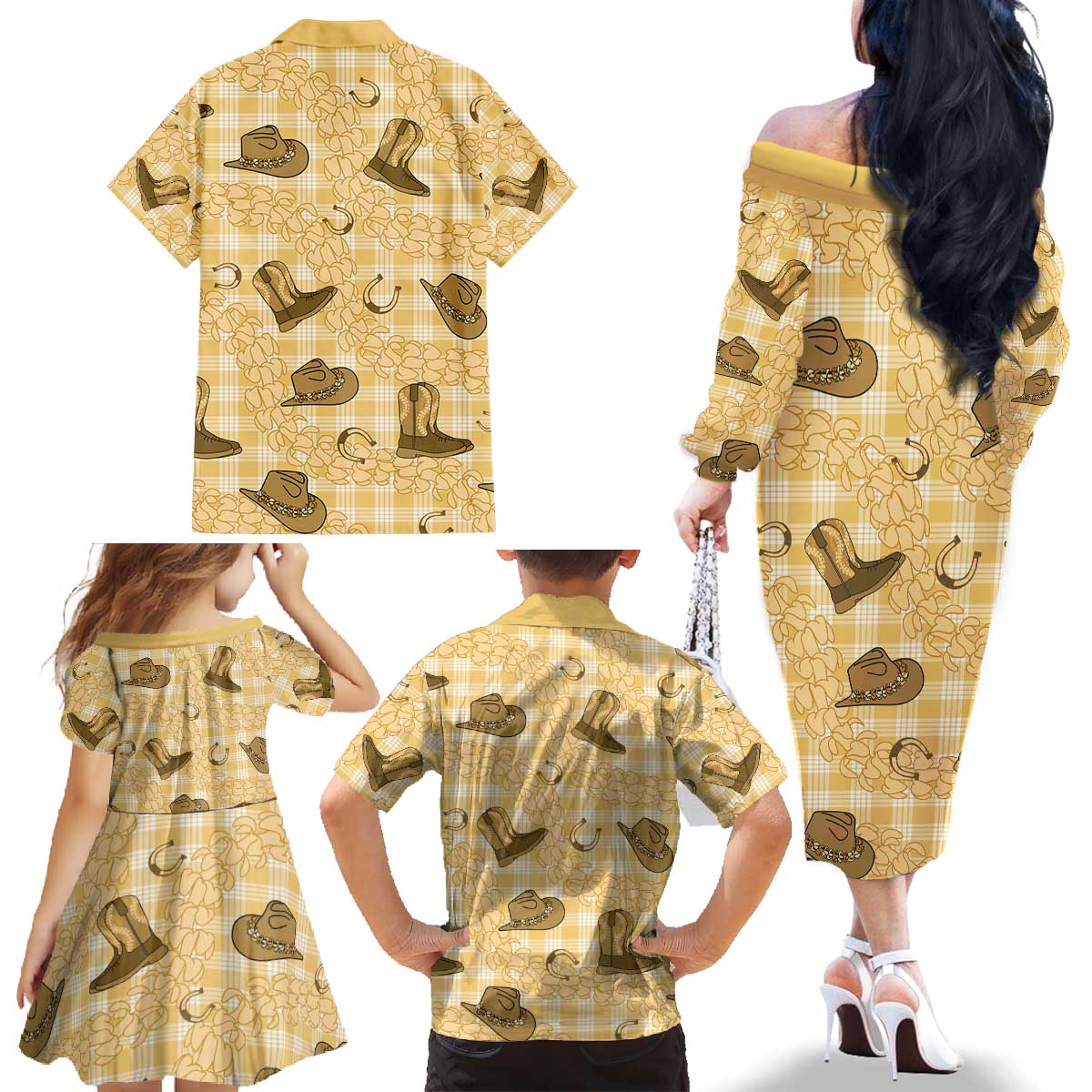 Yellow Palaka Hawaii Cowboy Family Matching Off The Shoulder Long Sleeve Dress and Hawaiian Shirt Puakenikeni Lei Paniolo Papale Seamless Vibes LT14 - Polynesian Pride