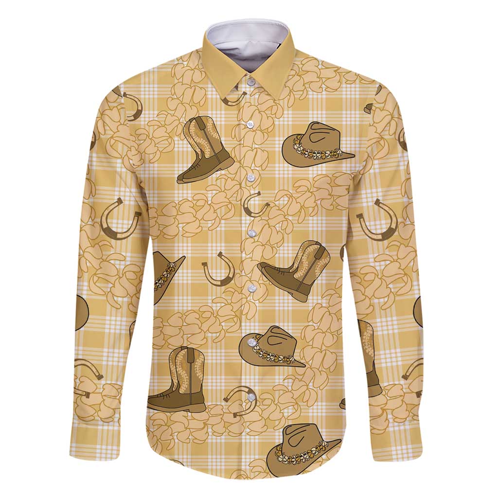 Yellow Palaka Hawaii Cowboy Family Matching Off Shoulder Maxi Dress and Hawaiian Shirt Puakenikeni Lei Paniolo Papale Seamless Vibes LT14 Dad's Shirt - Long Sleeve Yellow - Polynesian Pride