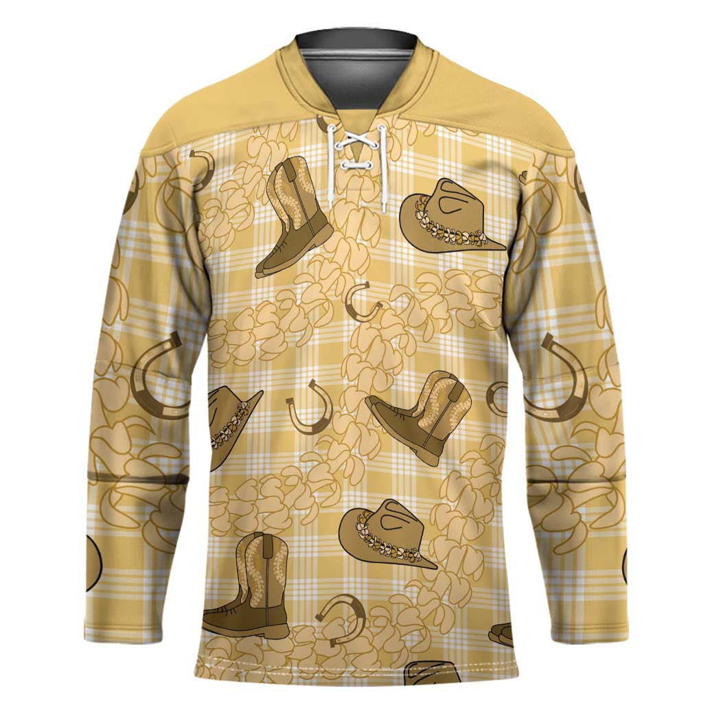 Yellow Palaka Hawaii Cowboy Hockey Jersey Puakenikeni Lei Paniolo Papale Seamless Vibes - Polynesian Pride