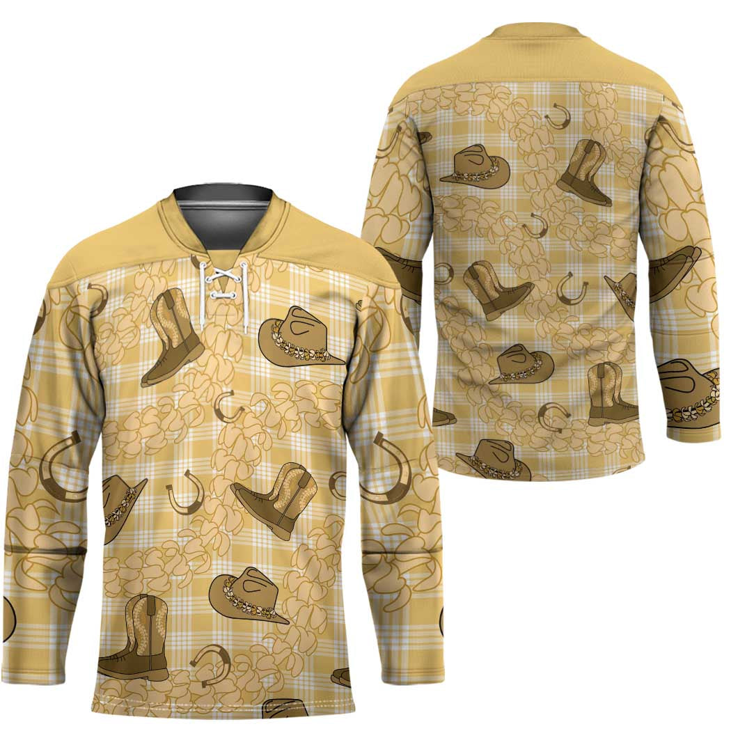 Yellow Palaka Hawaii Cowboy Hockey Jersey Puakenikeni Lei Paniolo Papale Seamless Vibes - Polynesian Pride