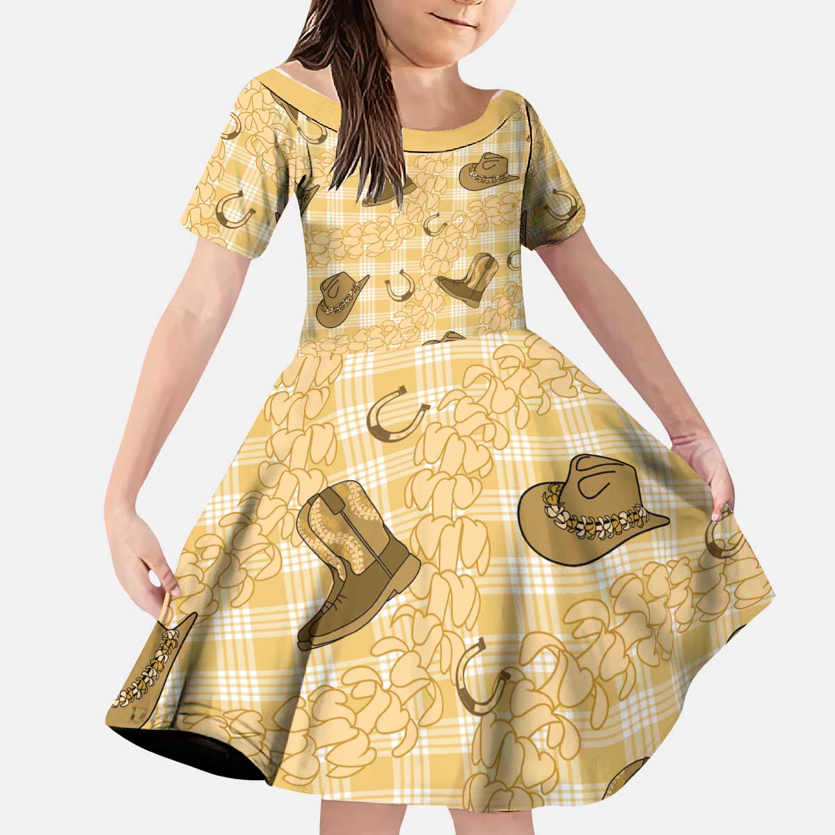 Yellow Palaka Hawaii Cowboy Kid Short Sleeve Dress Puakenikeni Lei Paniolo Papale Seamless Vibes LT14 KID Yellow - Polynesian Pride