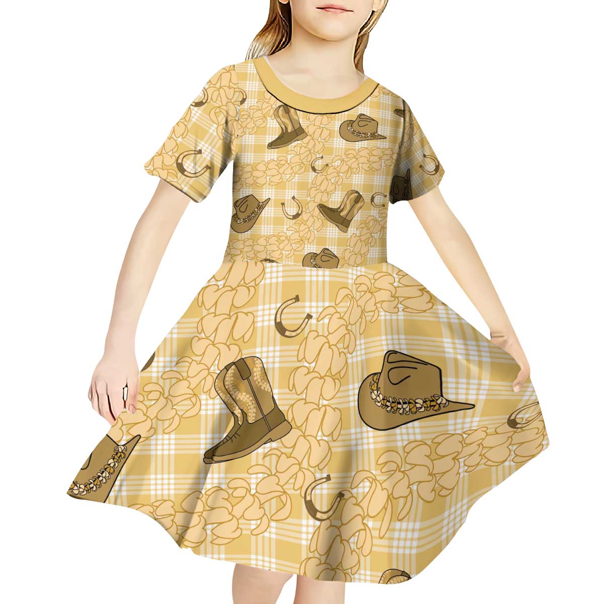 Yellow Palaka Hawaii Cowboy Kid Short Sleeve Dress Puakenikeni Lei Paniolo Papale Seamless Vibes LT14 - Polynesian Pride