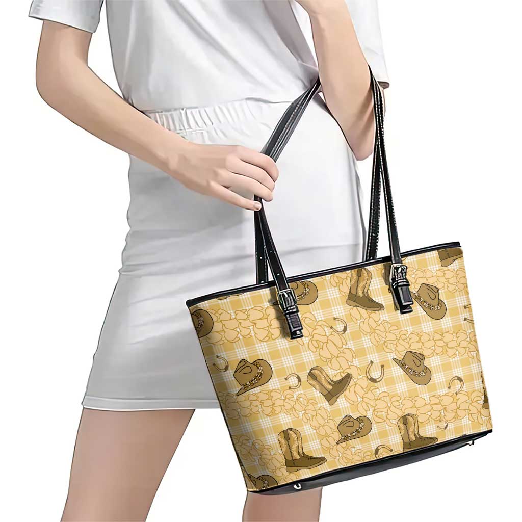 Yellow Palaka Hawaii Cowboy Leather Tote Bag Puakenikeni Lei Paniolo Papale Seamless Vibes - Polynesian Pride