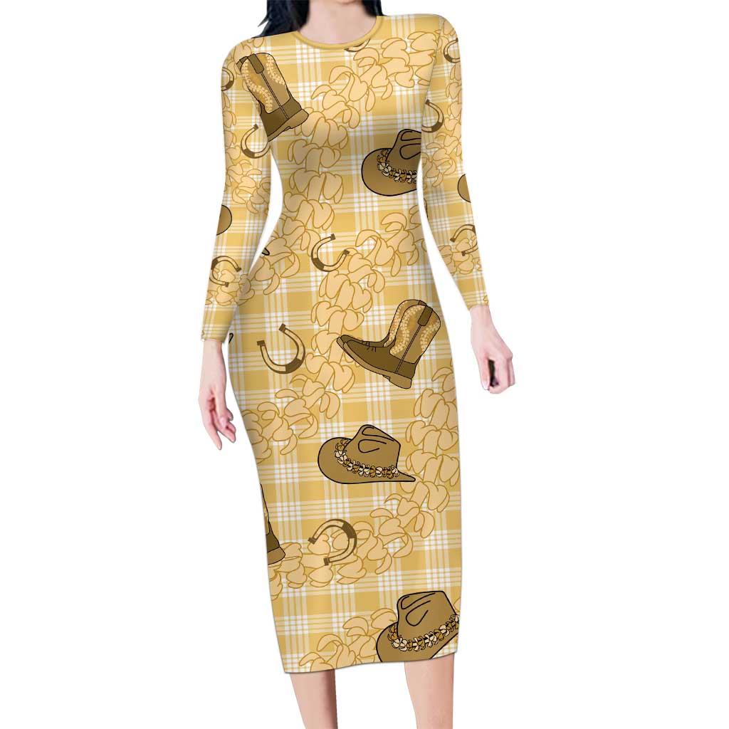 Yellow Palaka Hawaii Cowboy Long Sleeve Bodycon Dress Puakenikeni Lei Paniolo Papale Seamless Vibes - Polynesian Pride