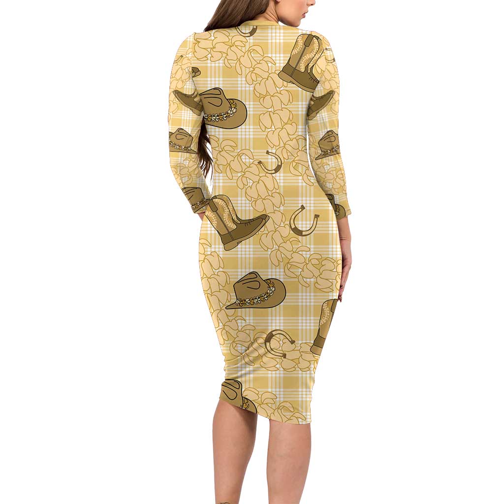 Yellow Palaka Hawaii Cowboy Long Sleeve Bodycon Dress Puakenikeni Lei Paniolo Papale Seamless Vibes LT14 - Polynesian Pride