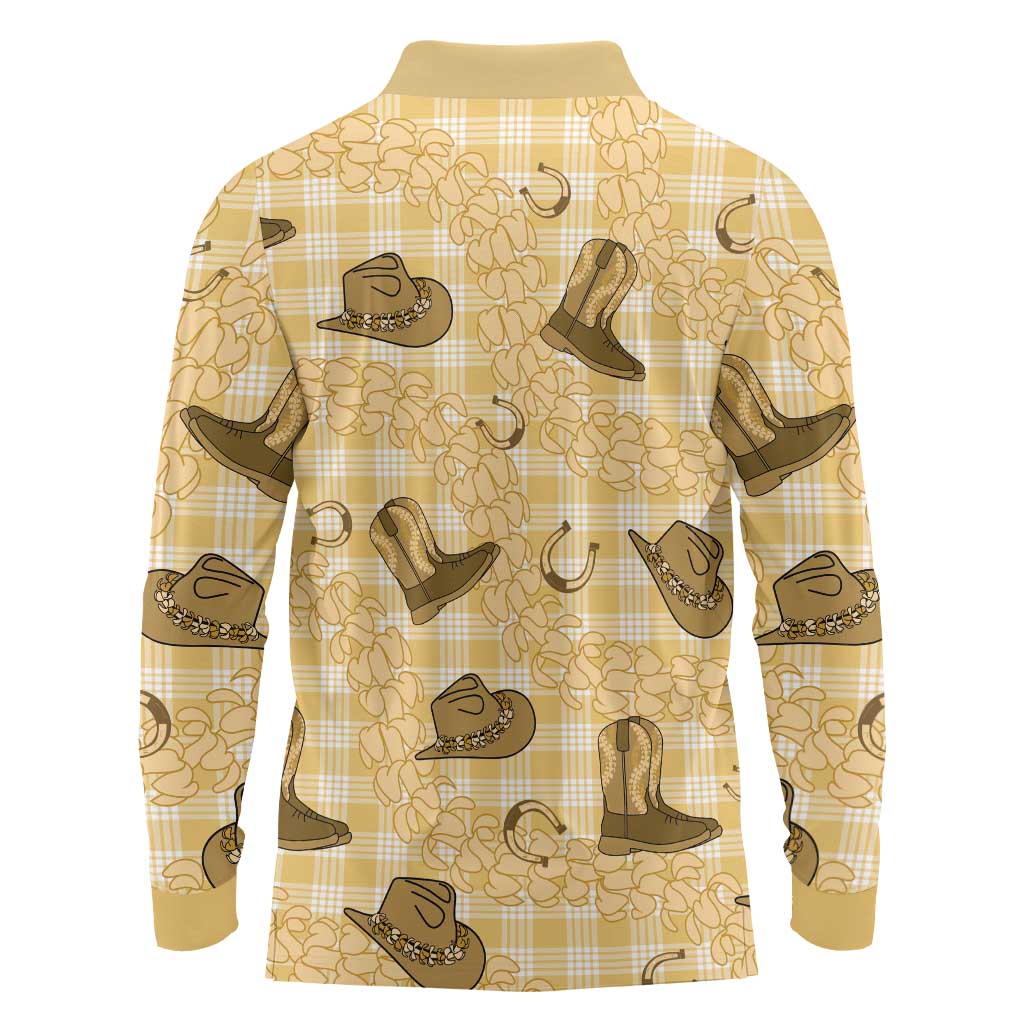 Yellow Palaka Hawaii Cowboy Long Sleeve Polo Shirt Puakenikeni Lei Paniolo Papale Seamless Vibes LT14 - Polynesian Pride