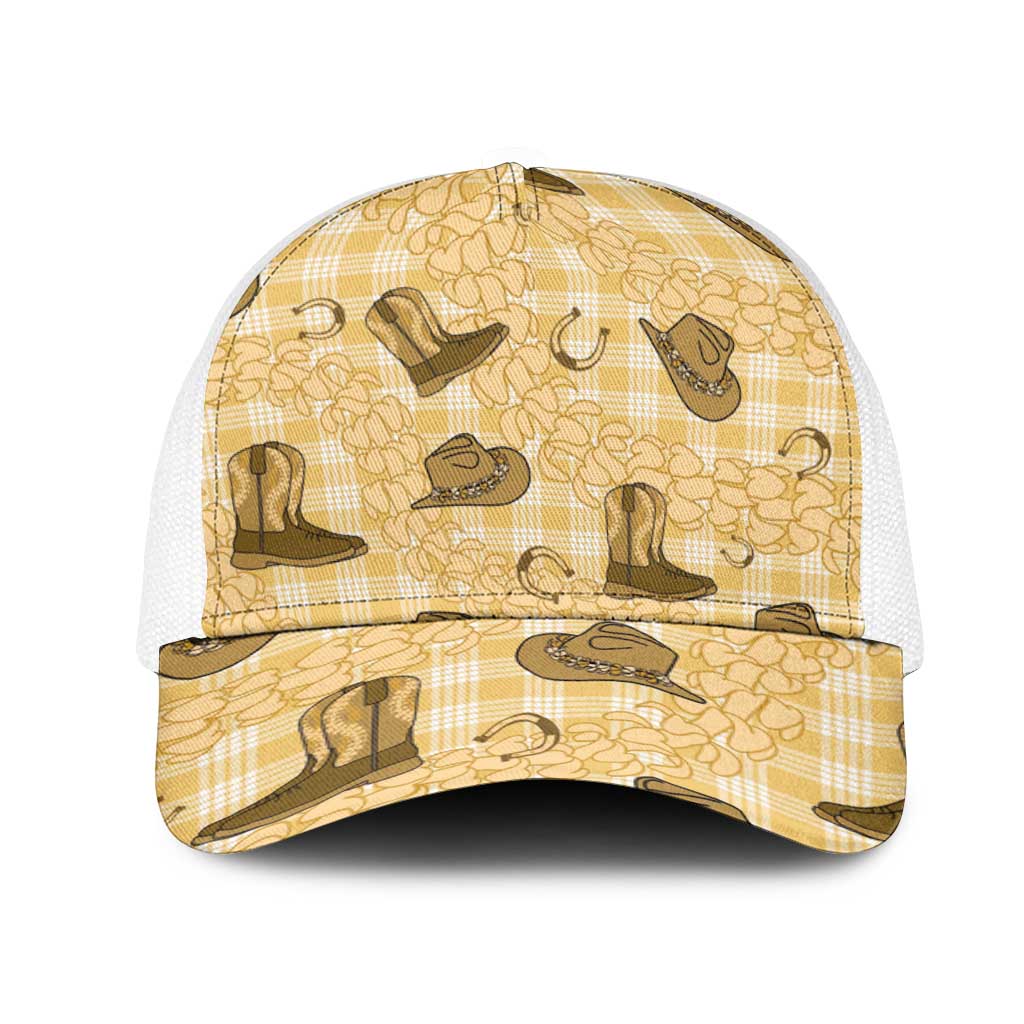 Yellow Palaka Hawaii Cowboy Mesh Trucker Cap Puakenikeni Lei Paniolo Papale Seamless Vibes - Polynesian Pride