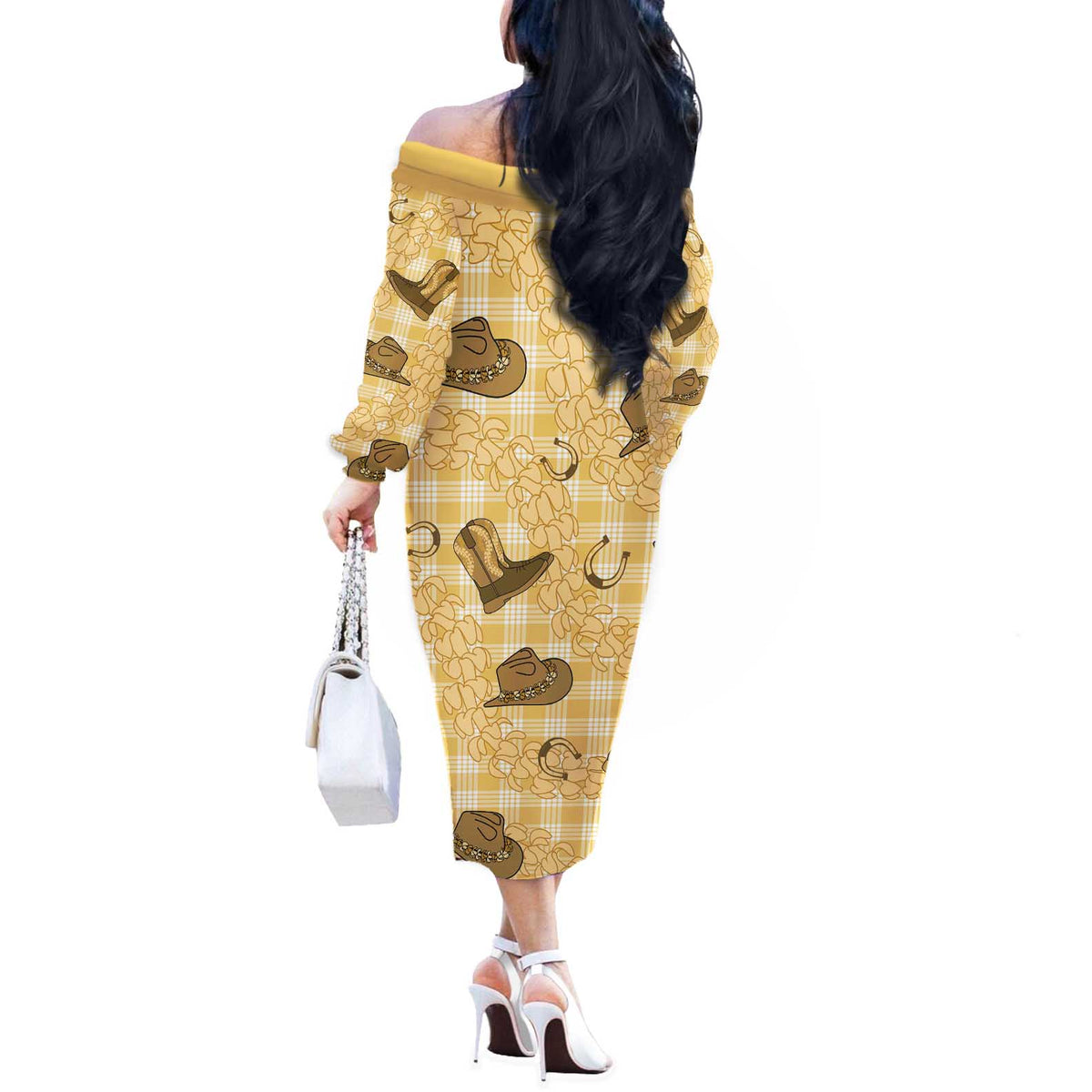 Yellow Palaka Hawaii Cowboy Off The Shoulder Long Sleeve Dress Puakenikeni Lei Paniolo Papale Seamless Vibes LT14 - Polynesian Pride
