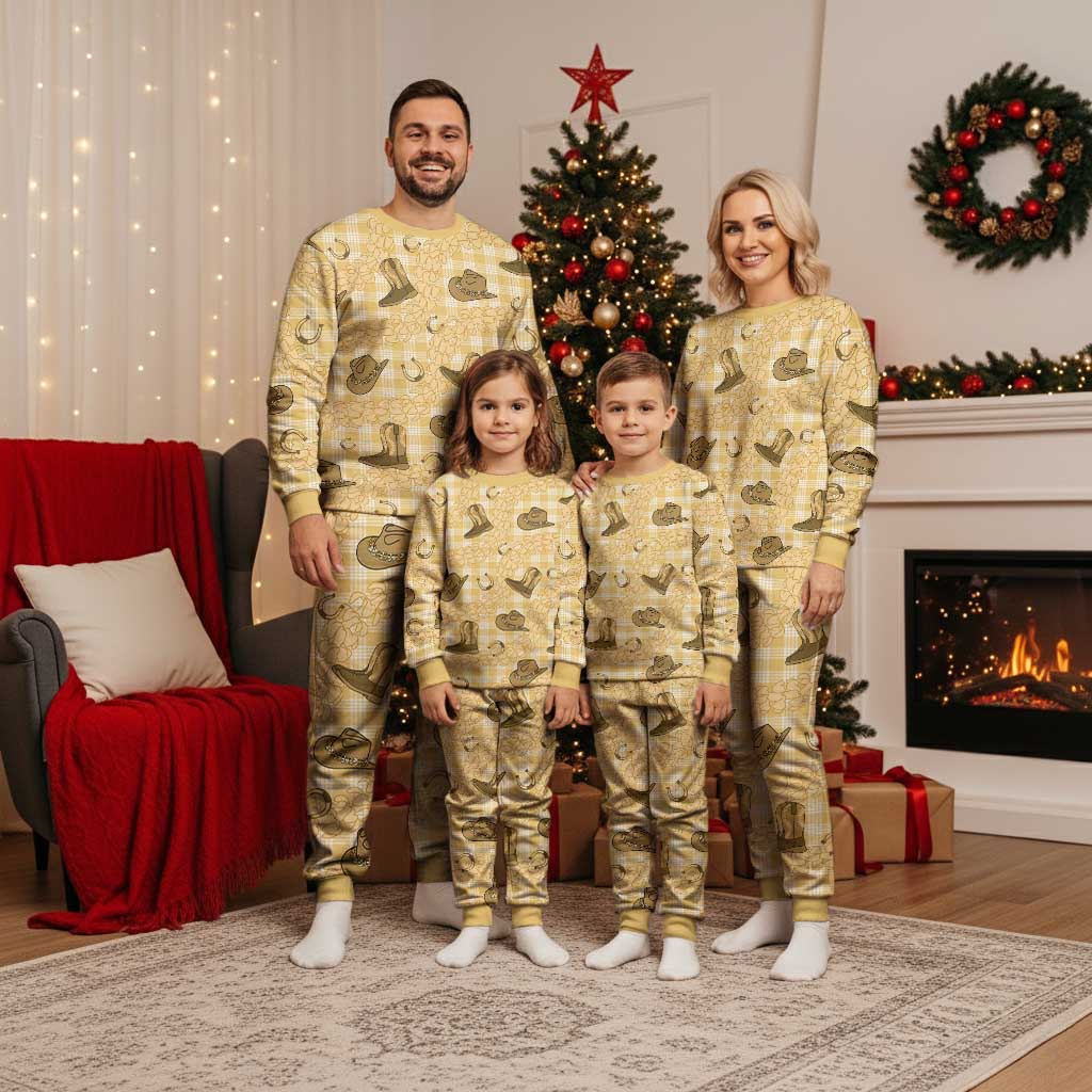 Yellow Palaka Hawaii Cowboy Christmas Pajama Set Puakenikeni Lei Paniolo Papale Seamless Vibes - Polynesian Pride