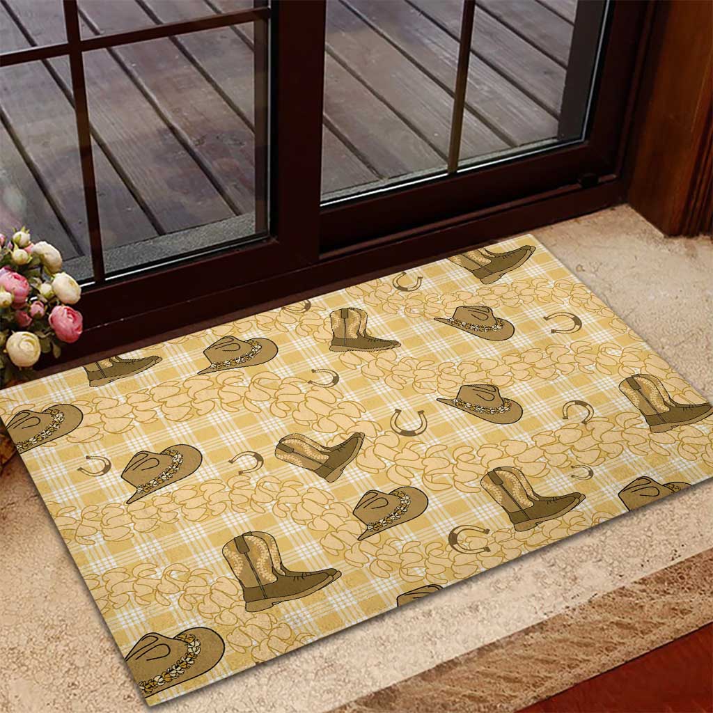 Yellow Palaka Hawaii Cowboy Rubber Doormat Puakenikeni Lei Paniolo Papale Seamless Vibes - Polynesian Pride