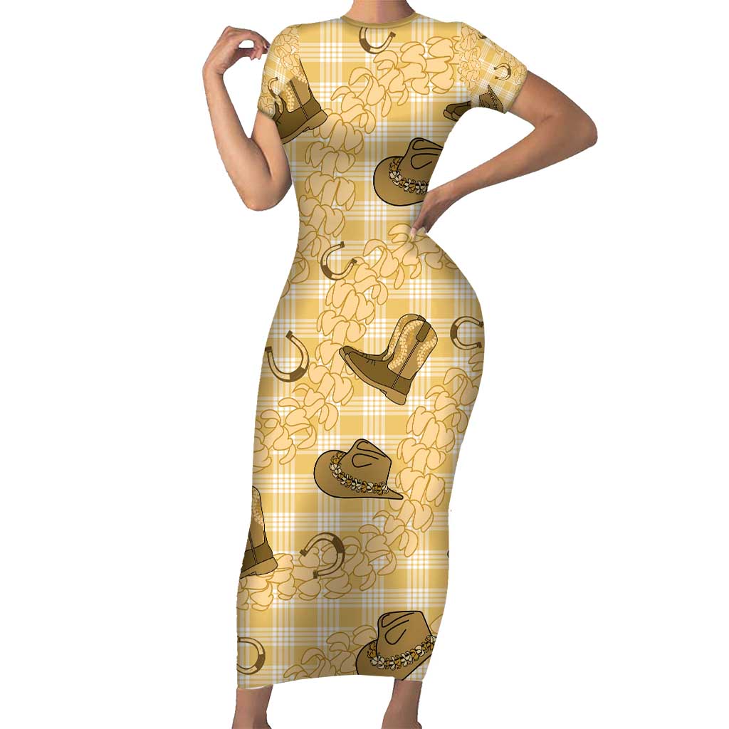 Yellow Palaka Hawaii Cowboy Short Sleeve Bodycon Dress Puakenikeni Lei Paniolo Papale Seamless Vibes LT14 Long Dress Yellow - Polynesian Pride