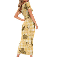 Yellow Palaka Hawaii Cowboy Short Sleeve Bodycon Dress Puakenikeni Lei Paniolo Papale Seamless Vibes LT14 - Polynesian Pride