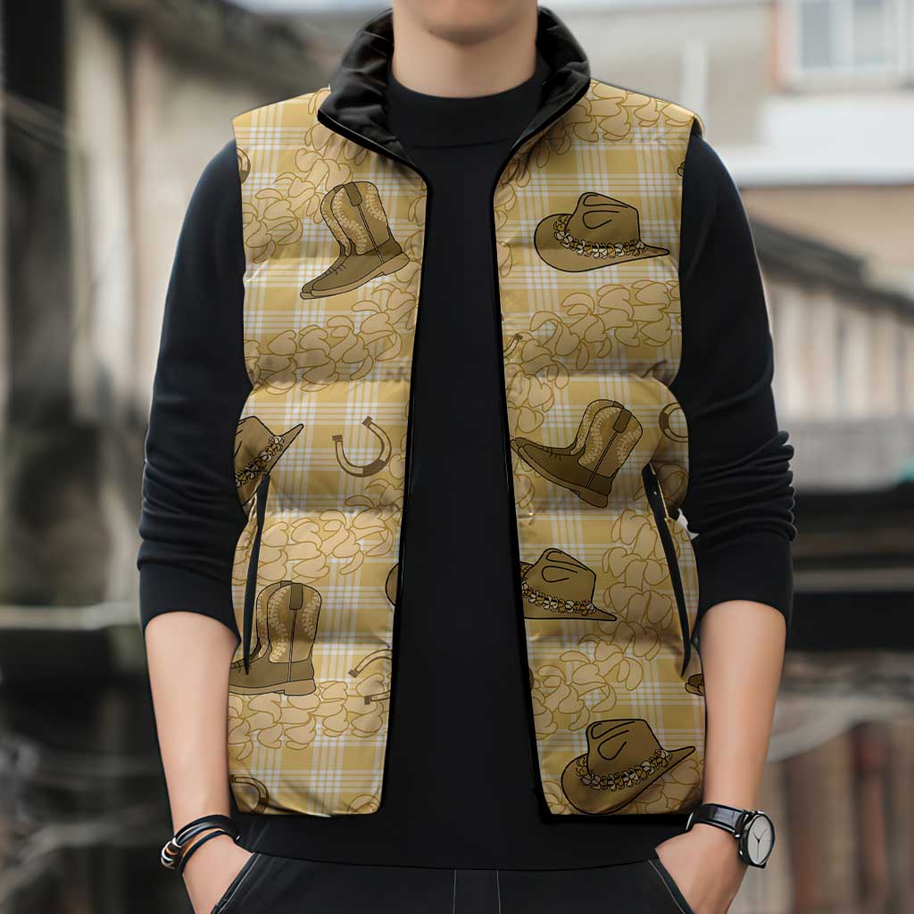 Yellow Palaka Hawaii Cowboy Sleeveless Puffer Jacket Puakenikeni Lei Paniolo Papale Seamless Vibes - Polynesian Pride