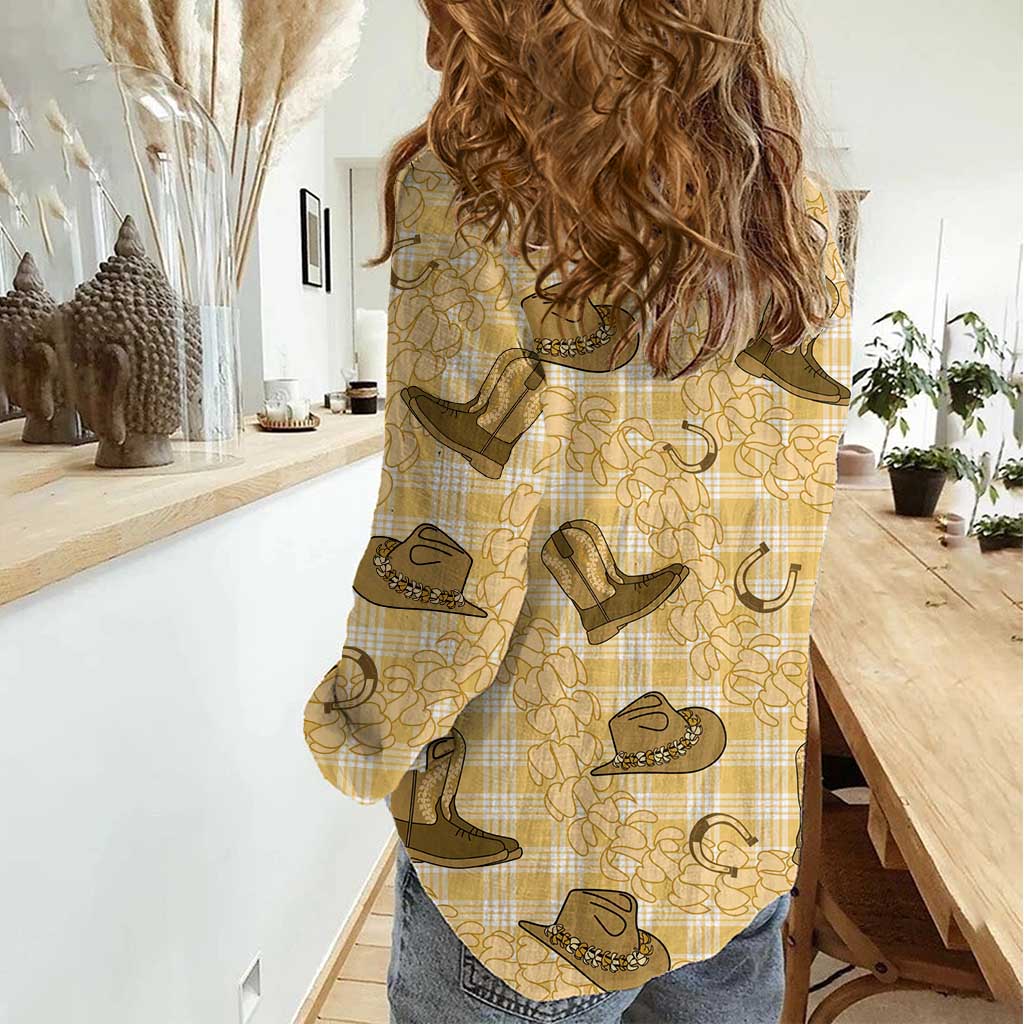 Yellow Palaka Hawaii Cowboy Women Casual Shirt Puakenikeni Lei Paniolo Papale Seamless Vibes LT14 - Polynesian Pride