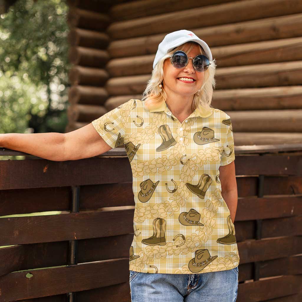 Yellow Palaka Hawaii Cowboy Women Polo Shirt Puakenikeni Lei Paniolo Papale Seamless Vibes LT14 - Polynesian Pride