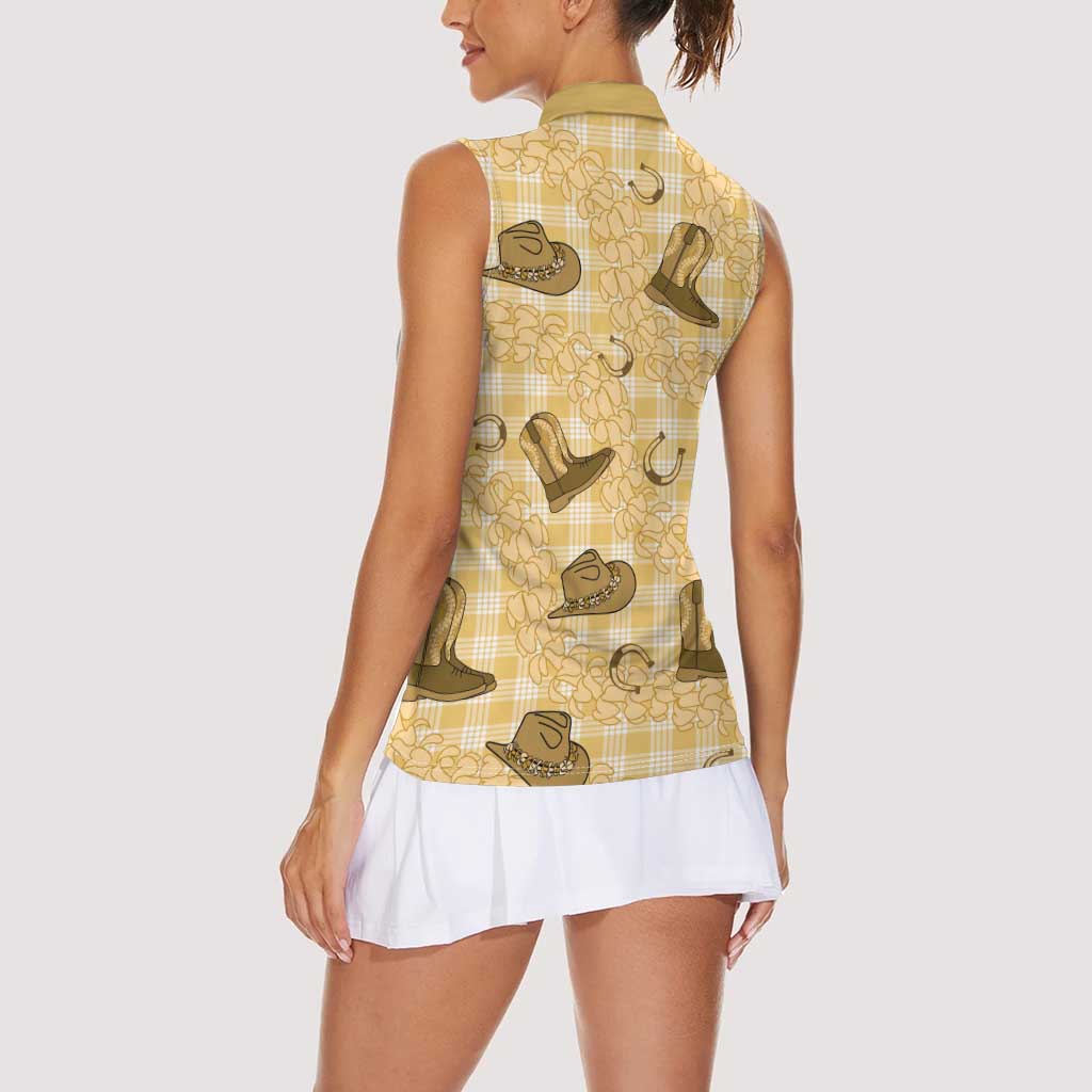 Yellow Palaka Hawaii Cowboy Women Sleeveless Polo Shirt Puakenikeni Lei Paniolo Papale Seamless Vibes LT14 - Polynesian Pride