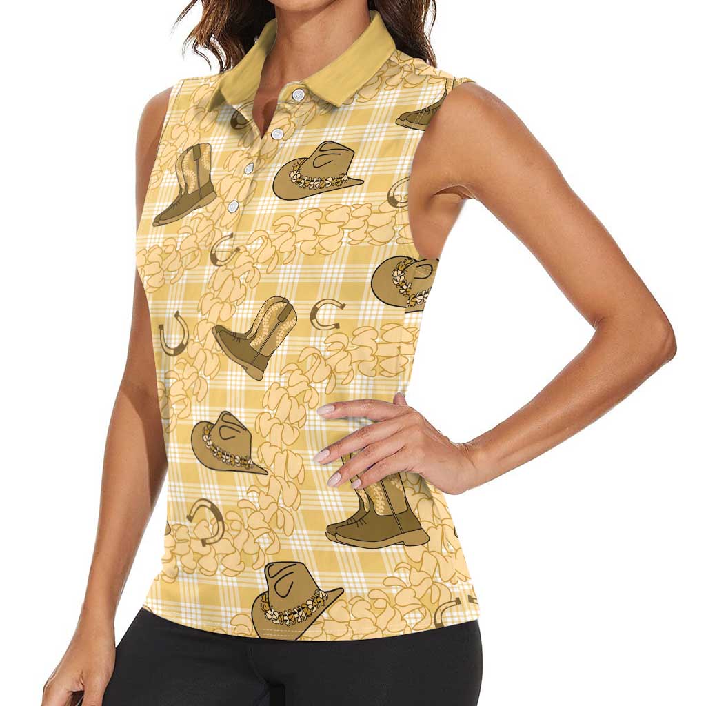 Yellow Palaka Hawaii Cowboy Women Sleeveless Polo Shirt Puakenikeni Lei Paniolo Papale Seamless Vibes LT14 - Polynesian Pride