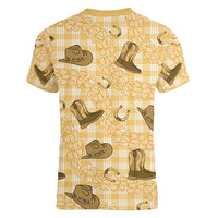Yellow Palaka Hawaii Cowboy Women V-Neck T-Shirt Puakenikeni Lei Paniolo Papale Seamless Vibes LT14 - Polynesian Pride