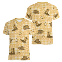 Yellow Palaka Hawaii Cowboy Women V-Neck T-Shirt Puakenikeni Lei Paniolo Papale Seamless Vibes LT14 - Polynesian Pride