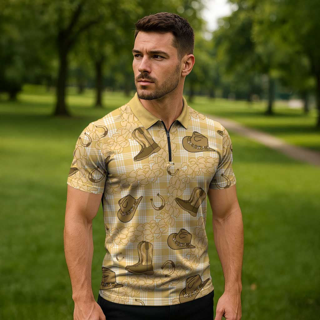 Yellow Palaka Hawaii Cowboy Zipper Polo Shirt Puakenikeni Lei Paniolo Papale Seamless Vibes LT14 - Polynesian Pride