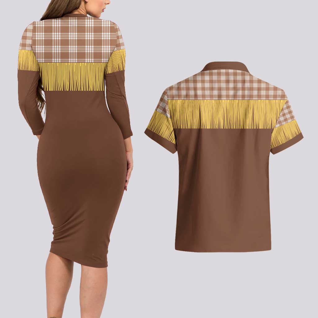 Aloha Hawaii Cowboy Custome Couples Matching Long Sleeve Bodycon Dress and Hawaiian Shirt Puakenikeni Lei Palaka Tassel Style LT14 - Polynesian Pride