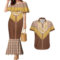 Aloha Hawaii Cowboy Custome Couples Matching Mermaid Dress and Hawaiian Shirt Puakenikeni Lei Palaka Tassel Style LT14 Brown - Polynesian Pride