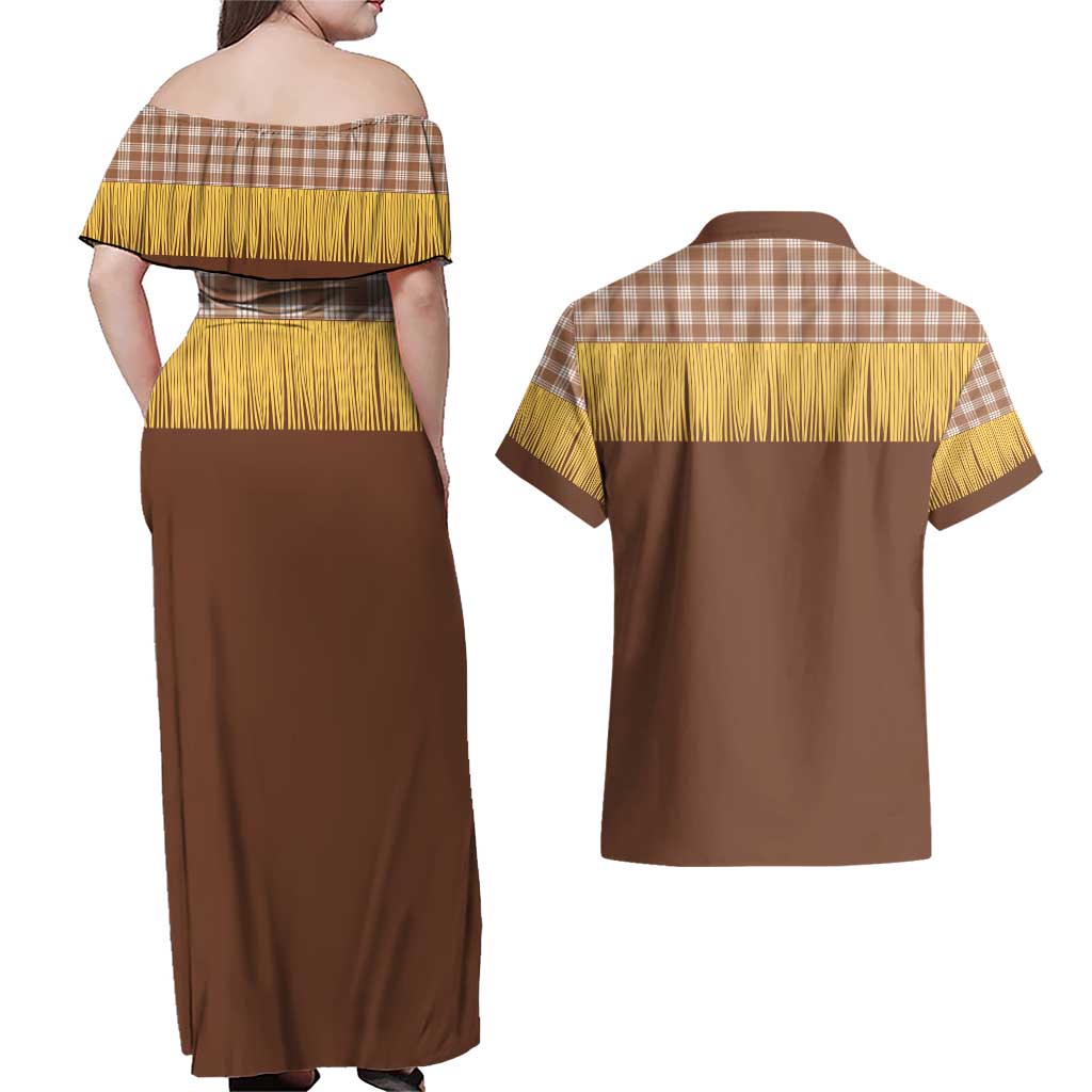 Aloha Hawaii Cowboy Custome Couples Matching Off Shoulder Maxi Dress and Hawaiian Shirt Puakenikeni Lei Palaka Tassel Style LT14 - Polynesian Pride