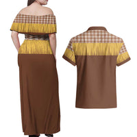 Aloha Hawaii Cowboy Custome Couples Matching Off Shoulder Maxi Dress and Hawaiian Shirt Puakenikeni Lei Palaka Tassel Style LT14 - Polynesian Pride